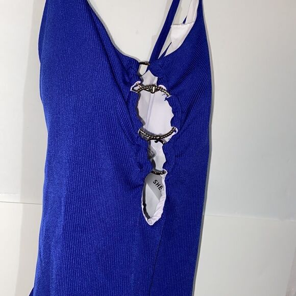 Shein Women's Blue Silver O-Ring Crisscross Back One Piece Swimsuit Medium NWOT - Picture 10 of 13